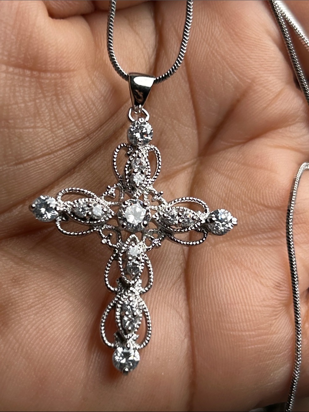 Silver Crystal Cross Pendant Necklace - White/Silver